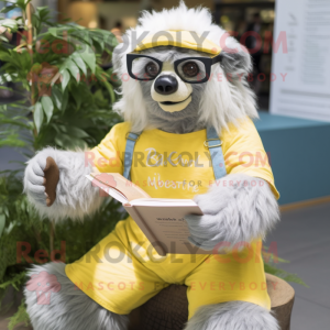 Lemon Yellow Sloth Bear mascot costume character dressed with a Chambray Shirt and Reading glasses