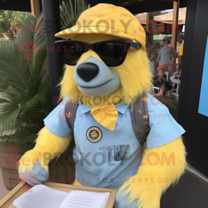 Lemon Yellow Sloth Bear mascot costume character dressed with a Chambray Shirt and Reading glasses