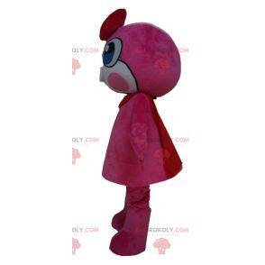 Rosa maskot för snögubbe med blåa ögon och en basker -