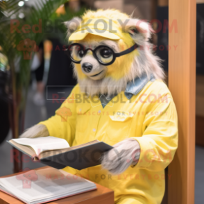 Lemon Yellow Sloth Bear mascot costume character dressed with a Chambray Shirt and Reading glasses