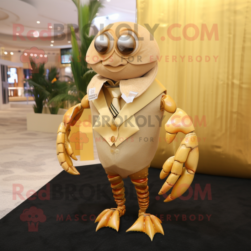 Gold Hermit Crab mascot costume character dressed with a Sheath Dress and Tie pins Gold Hermit Crab mascot costume character dressed with a Sheath Dress and Tie pins