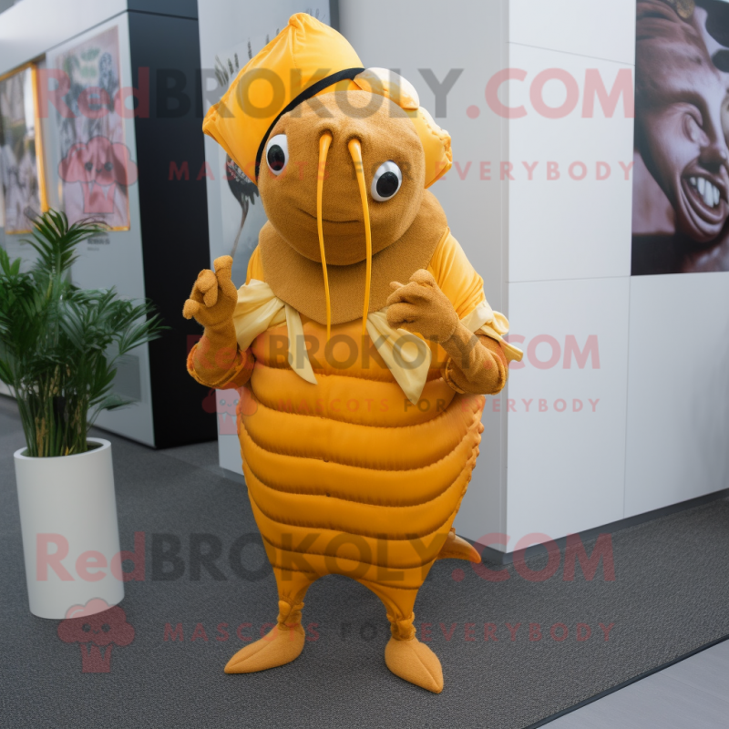 Gold Hermit Crab mascot costume character dressed with a Sheath Dress and Tie pins