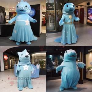 Sky Blue Stellar'S Sea Cow mascot costume character dressed with a Empire Waist Dress and Brooches