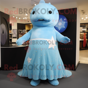 Sky Blue Stellar'S Sea Cow mascot costume character dressed with a Empire Waist Dress and Brooches