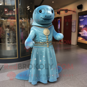 Sky Blue Stellar'S Sea Cow mascot costume character dressed with a Empire Waist Dress and Brooches