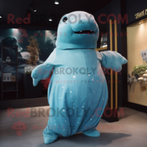 Sky Blue Stellar'S Sea Cow mascot costume character dressed with a Empire Waist Dress and Brooches