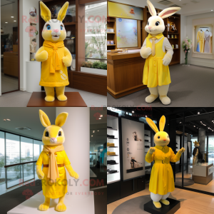 Yellow Rabbit mascot costume character dressed with a Sheath Dress and Scarves