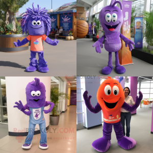 Purple Shrimp Scampi mascot costume character dressed with a Flare Jeans and Shoe laces