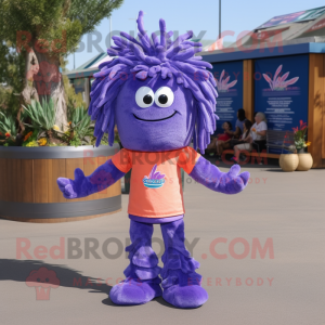 Purple Shrimp Scampi mascot costume character dressed with a Flare Jeans and Shoe laces