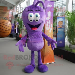 Purple Shrimp Scampi mascot costume character dressed with a Flare Jeans and Shoe laces