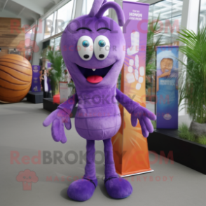 Purple Shrimp Scampi mascot costume character dressed with a Flare Jeans and Shoe laces