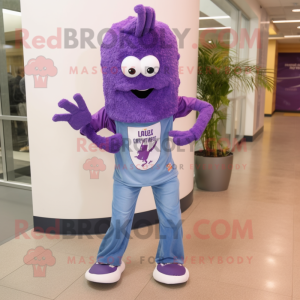 Purple Shrimp Scampi mascot costume character dressed with a Flare Jeans and Shoe laces