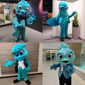 Teal Betta Fish mascot costume character dressed with a Suit Pants and Gloves