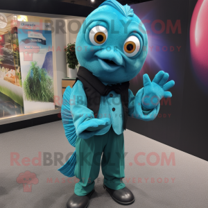 Teal Betta Fish mascot costume character dressed with a Suit Pants and Gloves