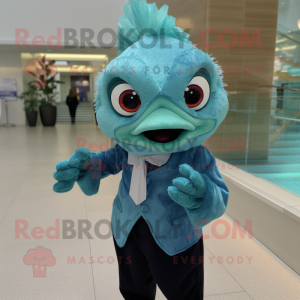 Teal Betta Fish mascot costume character dressed with a Suit Pants and Gloves