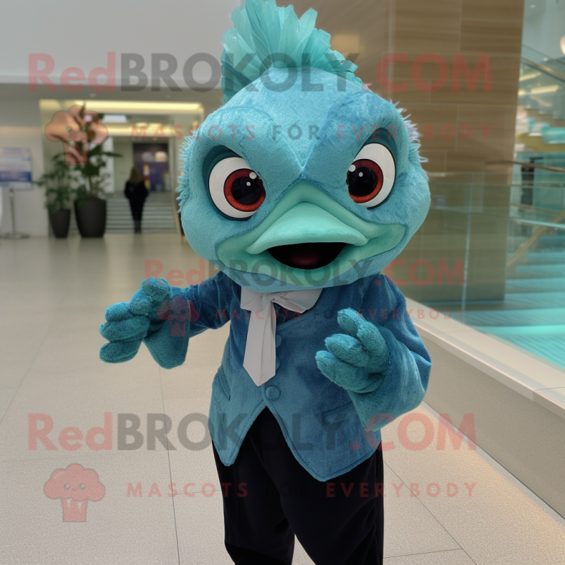 Teal Betta Fish mascot costume character dressed with a Suit Pants and Gloves Teal Betta Fish mascot costume character dressed with a Suit Pants and Gloves