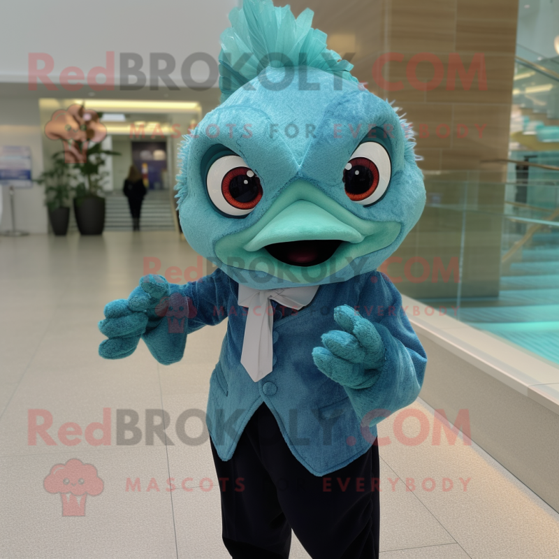 Teal Betta Fish mascot costume character dressed with a Suit Pants and Gloves