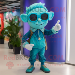 Turquoise Elf mascot costume character dressed with a Jumpsuit and Sunglasses