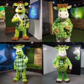 Lime Green Jersey Cow mascot costume character dressed with a Flannel Shirt and Rings