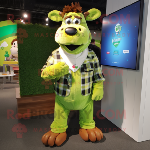 Lime Green Jersey Cow mascot costume character dressed with a Flannel Shirt and Rings