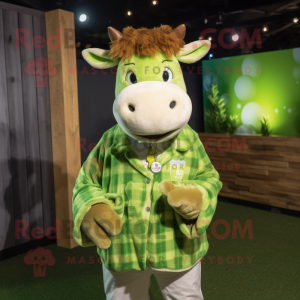 Lime Green Jersey Cow mascot costume character dressed with a Flannel Shirt and Rings