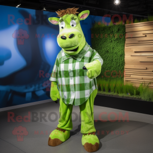 Lime Green Jersey Cow mascot costume character dressed with a Flannel Shirt and Rings