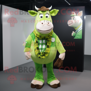 Lime Green Jersey Cow mascot costume character dressed with a Flannel Shirt and Rings