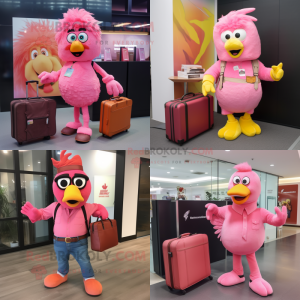 Pink Butter Chicken mascot costume character dressed with a Flare Jeans and Briefcases