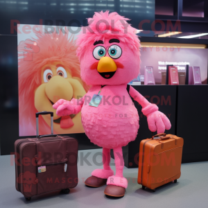 Pink Butter Chicken mascot costume character dressed with a Flare Jeans and Briefcases