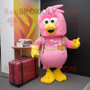 Pink Butter Chicken mascot costume character dressed with a Flare Jeans and Briefcases
