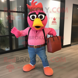 Pink Butter Chicken mascot costume character dressed with a Flare Jeans and Briefcases