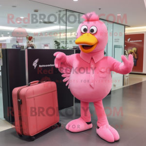 Pink Butter Chicken mascot costume character dressed with a Flare Jeans and Briefcases