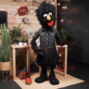 Black Fried Chicken mascot costume character dressed with a Bootcut Jeans and Shoe clips