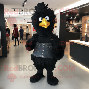 Black Fried Chicken mascot costume character dressed with a Bootcut Jeans and Shoe clips