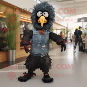 Black Fried Chicken mascot costume character dressed with a Bootcut Jeans and Shoe clips