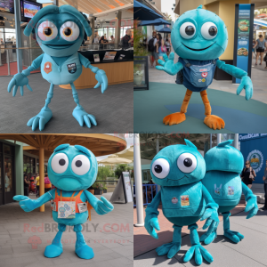 Teal Crab Cakes mascot costume character dressed with a Skinny Jeans and Keychains