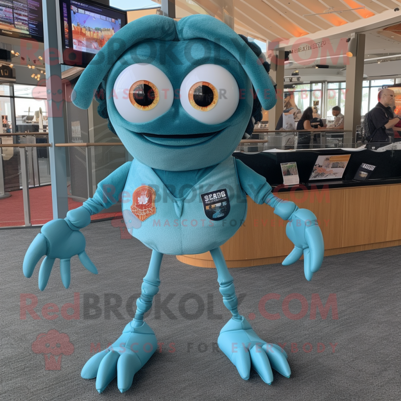 Teal Crab Cakes mascot costume character dressed with a Skinny Jeans and Keychains Teal Crab Cakes mascot costume character dressed with a Skinny Jeans and Keychains