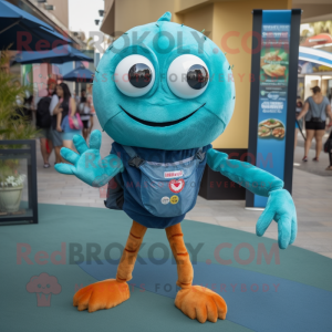 Teal Crab Cakes mascot costume character dressed with a Skinny Jeans and Keychains