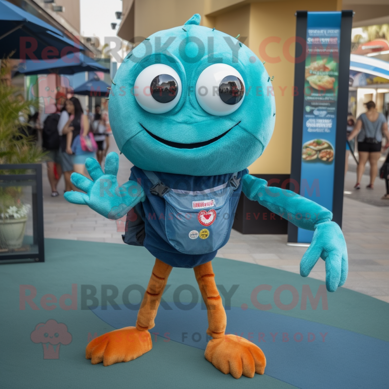 Teal Crab Cakes mascot costume character dressed with a Skinny Jeans and Keychains Teal Crab Cakes mascot costume character dressed with a Skinny Jeans and Keychains