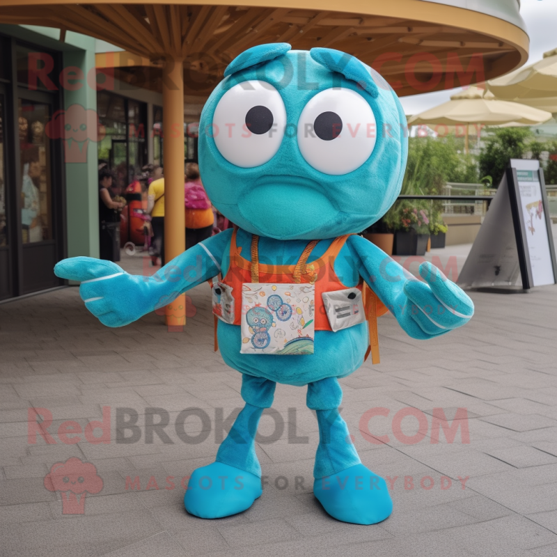 Teal Crab Cakes mascot costume character dressed with a Skinny Jeans and Keychains