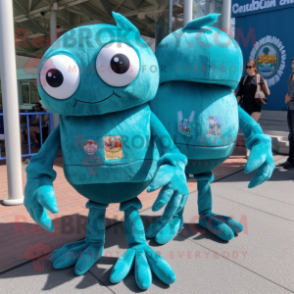 Teal Crab Cakes mascot costume character dressed with a Skinny Jeans and Keychains