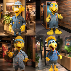 Yellow Turkey mascot costume character dressed with a Denim Shirt and Headbands