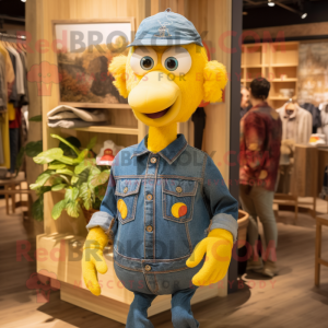 Yellow Turkey mascot costume character dressed with a Denim Shirt and Headbands