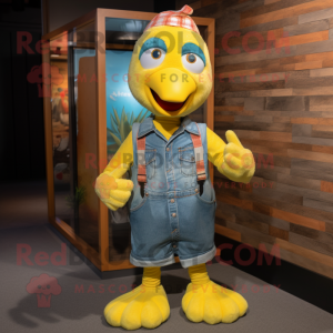 Yellow Turkey mascot costume character dressed with a Denim Shirt and Headbands