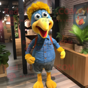Yellow Turkey mascot costume character dressed with a Denim Shirt and Headbands