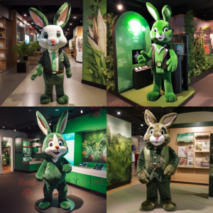 Forest Green Rabbit mascot costume character dressed with a Graphic Tee and Ties