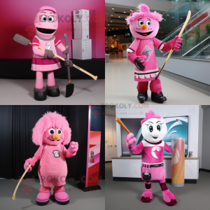 Pink Ice Hockey Stick mascot costume character dressed with a Cocktail Dress and Scarf clips