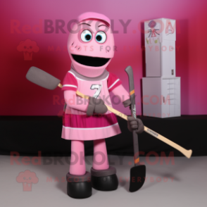 Pink Ice Hockey Stick mascot costume character dressed with a Cocktail Dress and Scarf clips