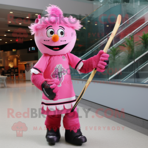 Pink Ice Hockey Stick mascot costume character dressed with a Cocktail Dress and Scarf clips