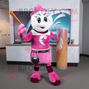 Pink Ice Hockey Stick mascot costume character dressed with a Cocktail Dress and Scarf clips